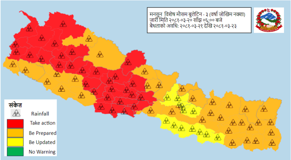 कोशी, मधेस, गण्डकी, लुम्बिनी र सुदूरपश्चिमका केही स्थानमा भारी वर्षाको चेतावनी       